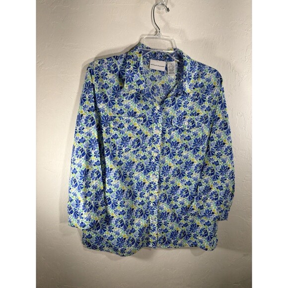 Alfred Dunner Vivid Sz 16 Floral Blue Green Artsy Button Up Woman Cotton Blouse - Picture 8 of 10